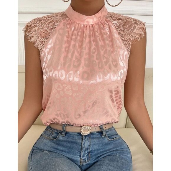 Leopard Elegant Dusty Pink Contrast Lace Satin Blouse - Picture 1 of 6